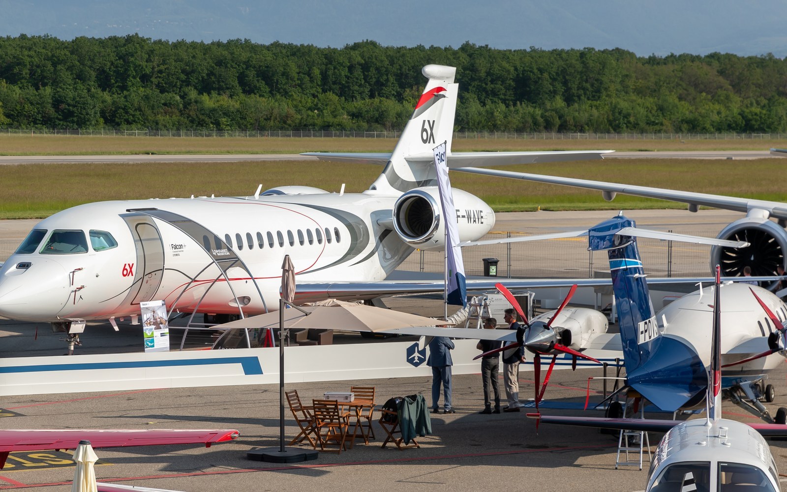 A Dassault Falcon 6X on static display at EBACE 2023 in Geneva