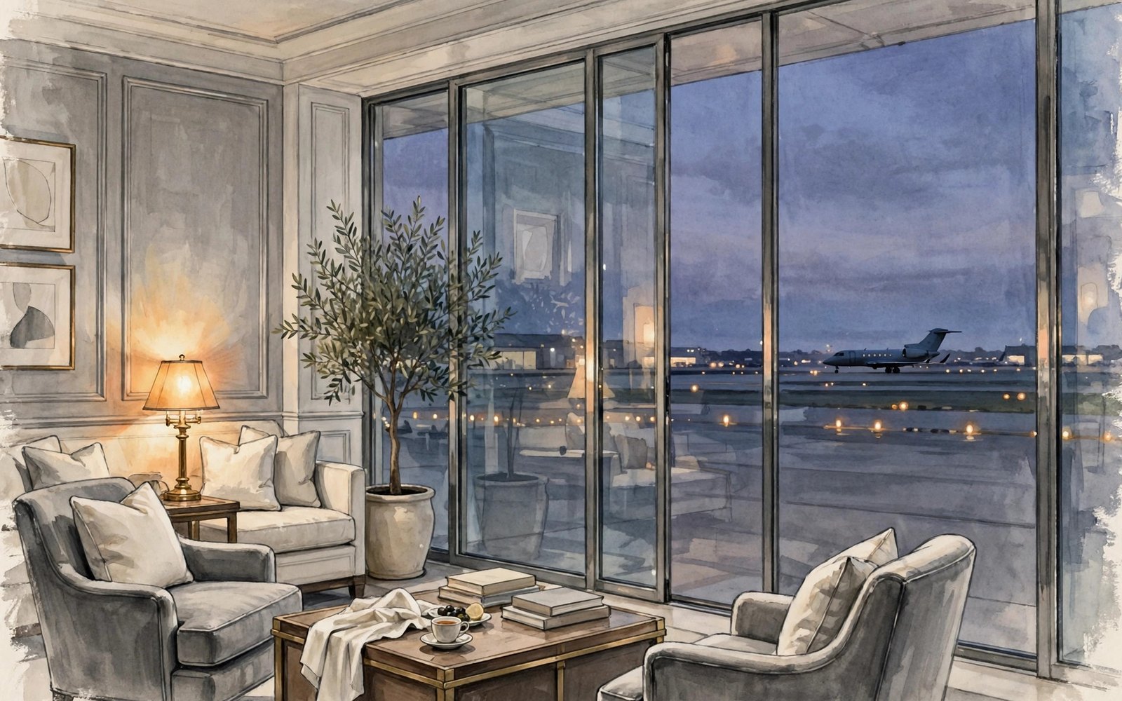 Editorial illustration of a private jet at a fixed-base operator ramp at dusk