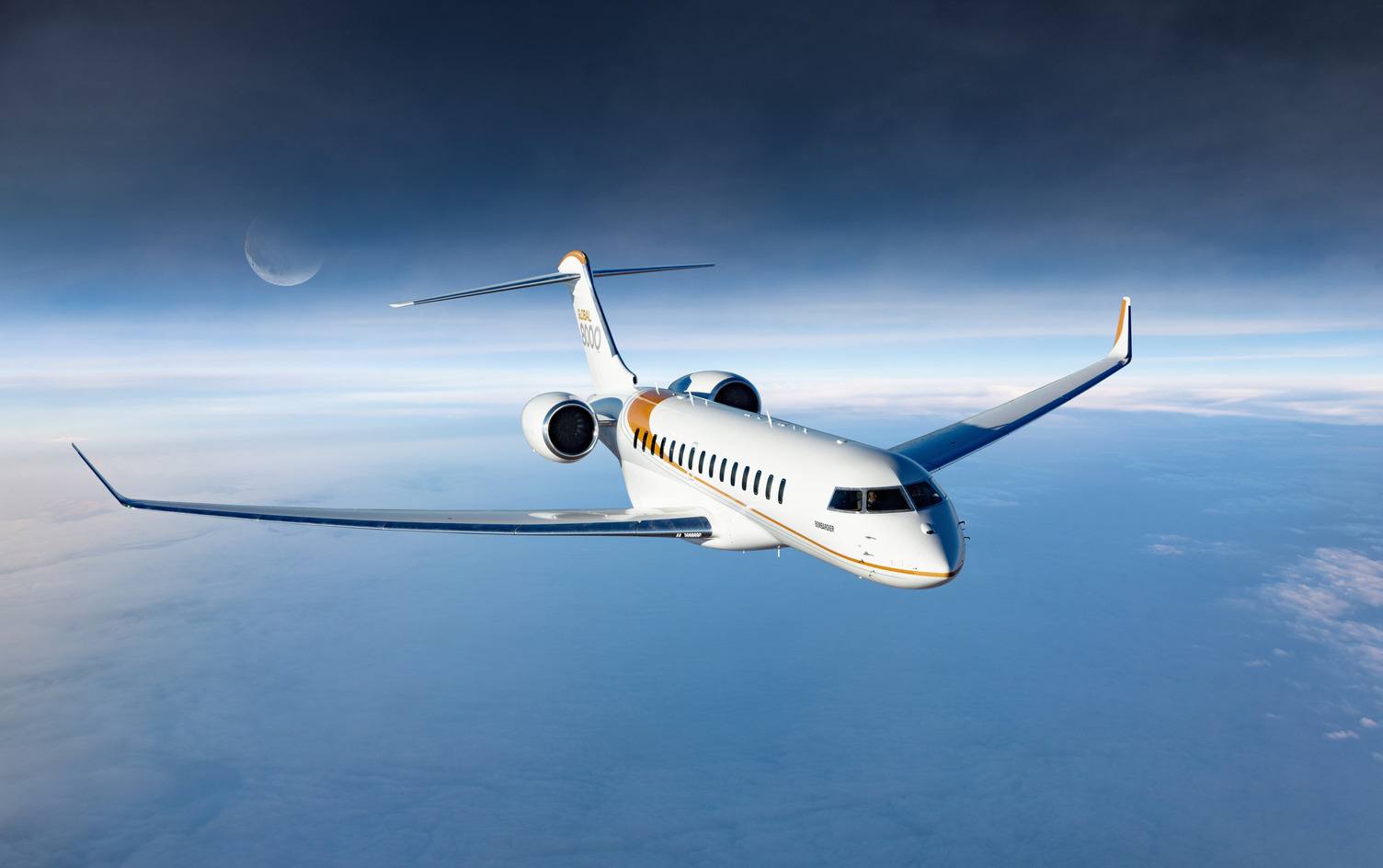 A Bombardier Global 8000 in flight, the manufacturer's Mach 0.95 flagship