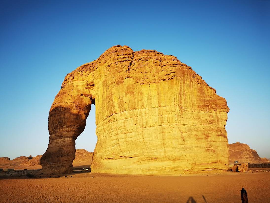 Elephant Rock sandstone formation in AlUla at sunset