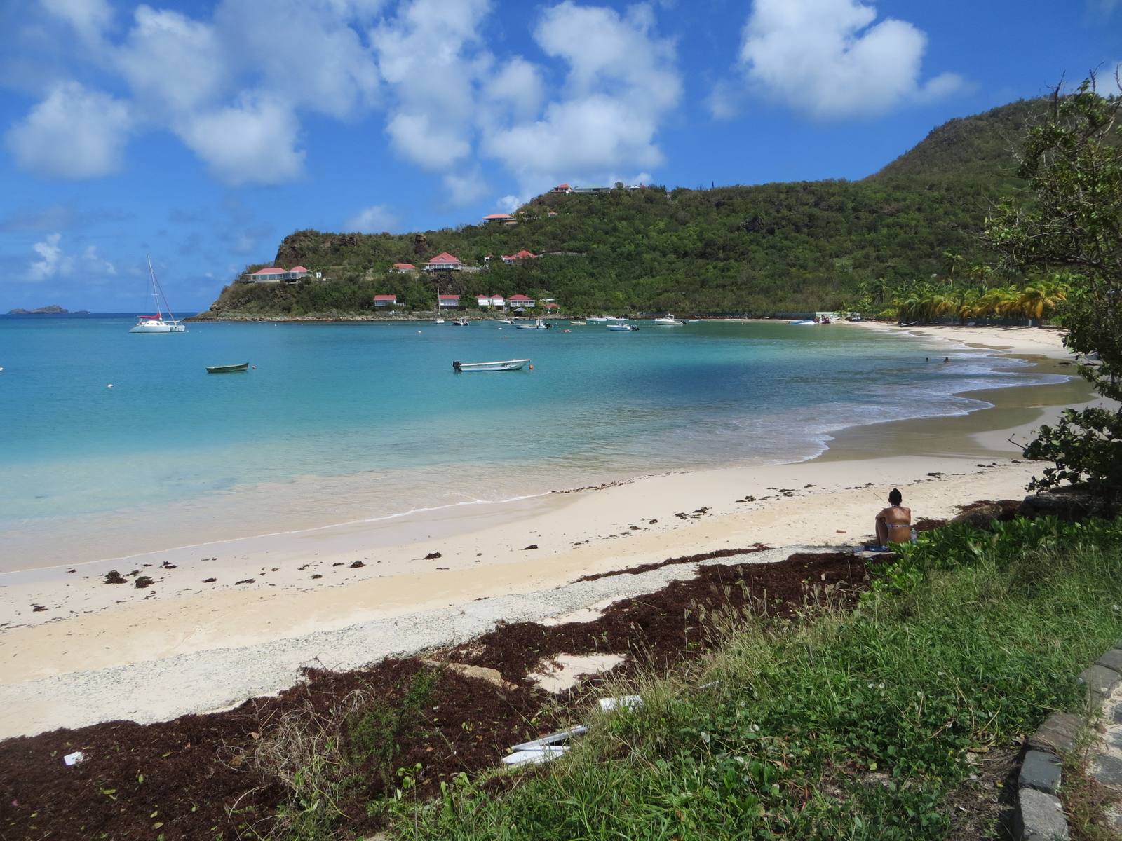 St. Jean Beach on St. Barths with boats anchored in the bay