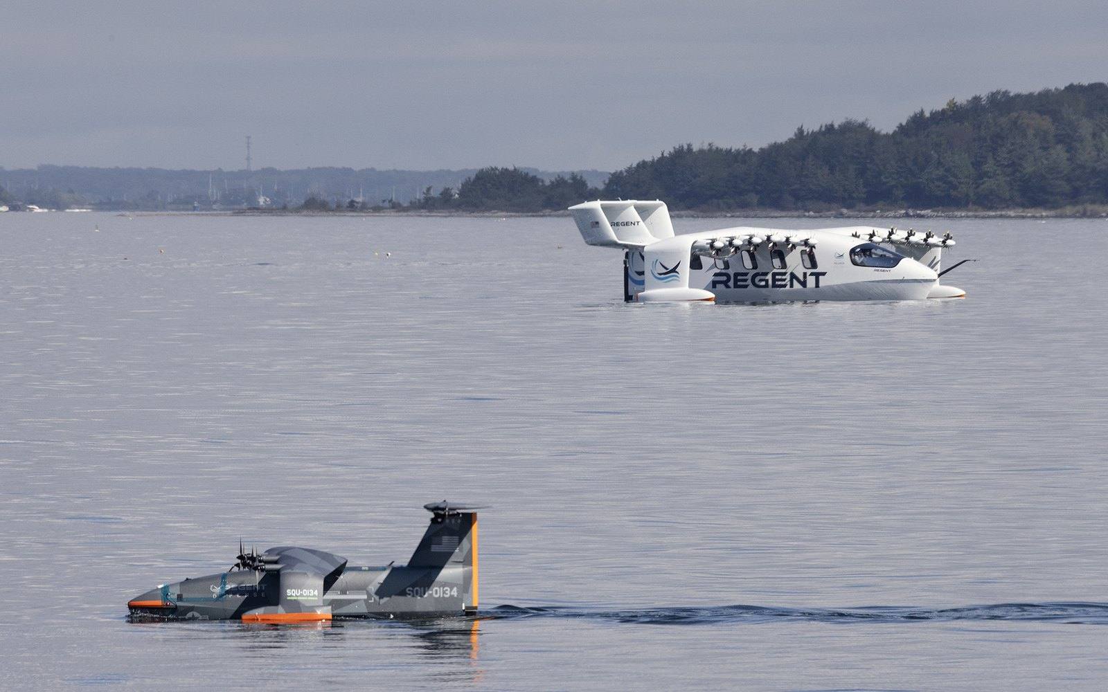The REGENT Viceroy prototype and the Squire seaglider drone on the water
