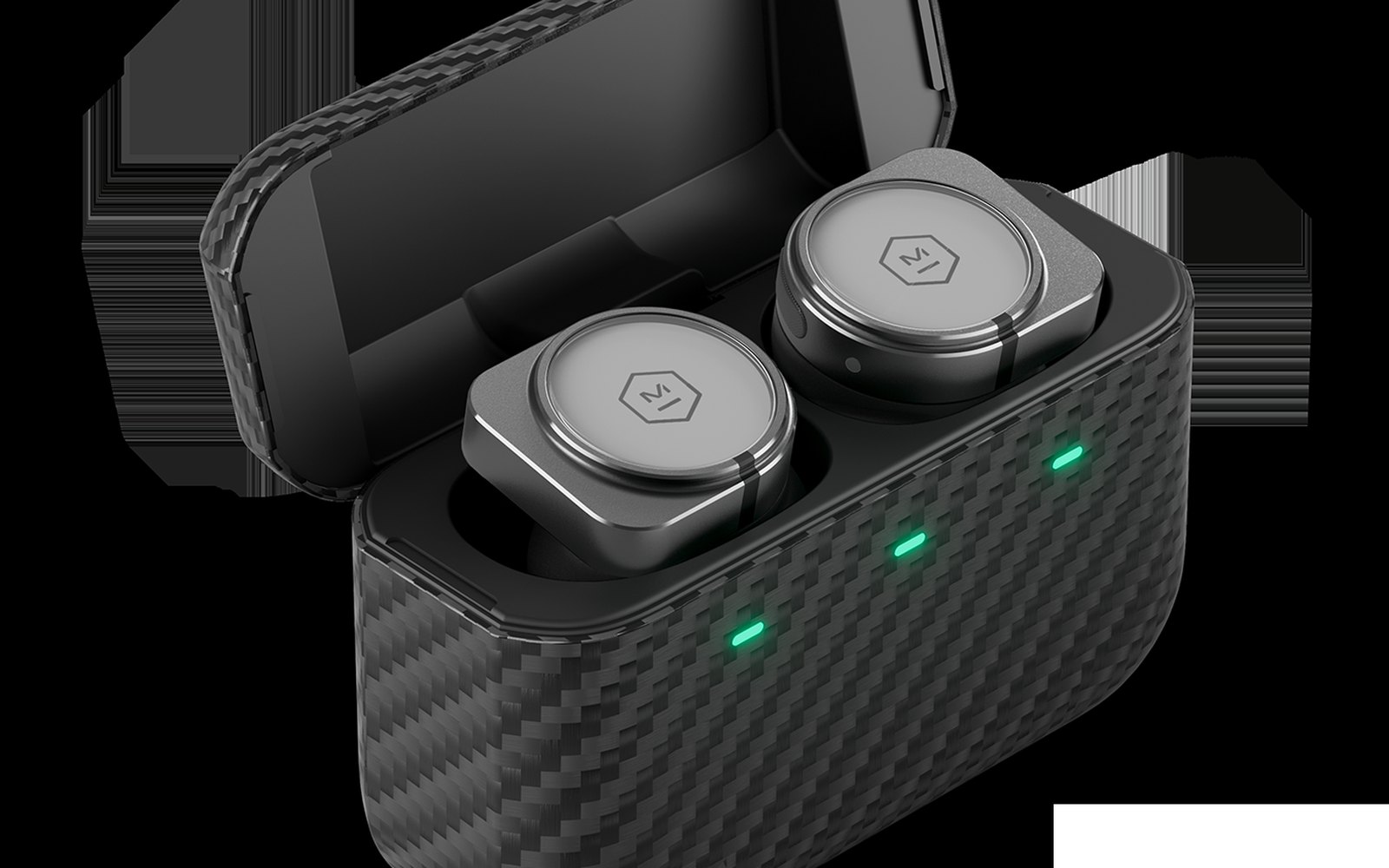 Master & Dynamic MW09 earphones in the charging case