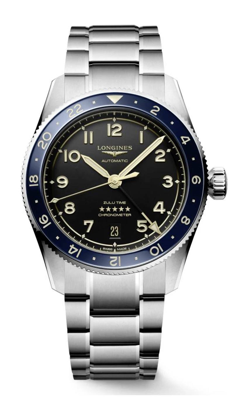 Longines Spirit Zulu Time 39 mm GMT watch with anthracite dial, blue ceramic bezel, and steel bracelet