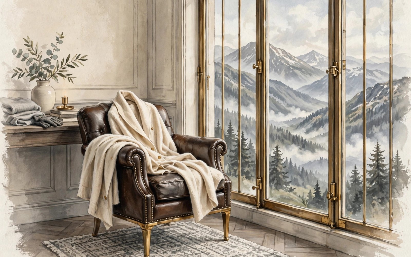 Editorial illustration of a tailored cashmere travel jacket