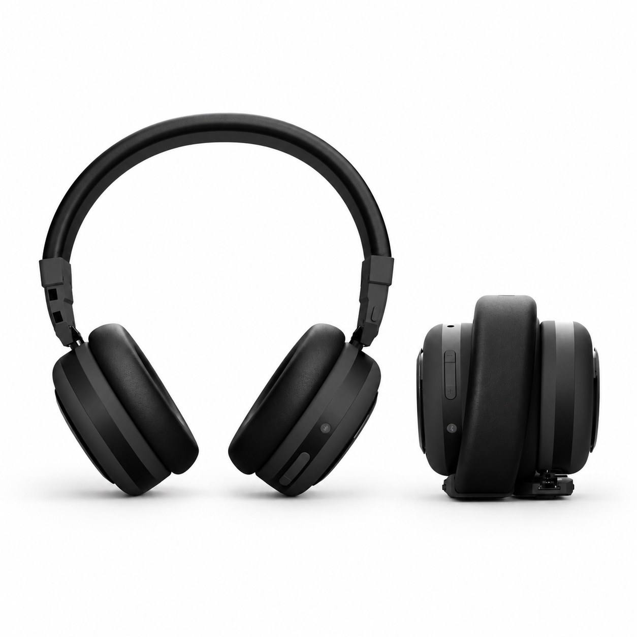 TDM Neo headphones in Onyx Black, shown open and twisted into speaker form