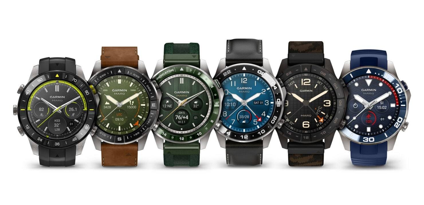 The six Garmin MARQ (Gen 3) editions, with the Aviator fourth from left with a blue dial and black leather strap